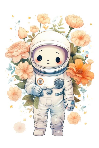 Foto illustratie van een astronaut kat met bloemen op een witte achtergrond