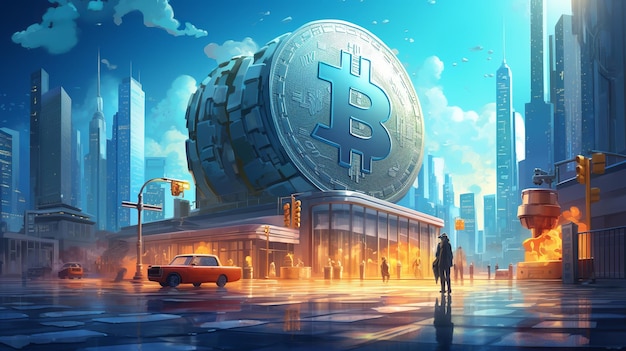 illustratie van een bank naast een gigantische bitcoin