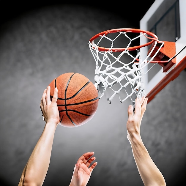 Illustratie van een basketbal die in de hoepel zinkt op een levendig basketbalveld