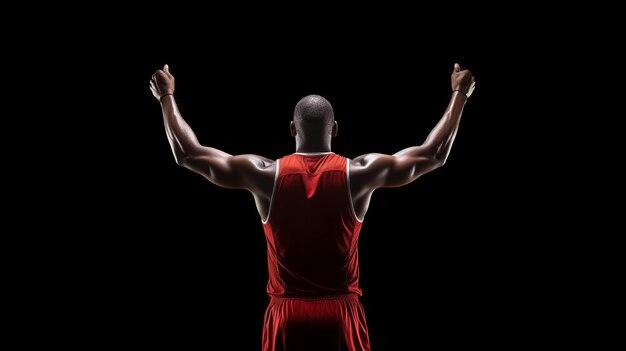 Illustratie van een basketbalspeler die de overwinning viert door zijn handen in een rood uniform op te steken