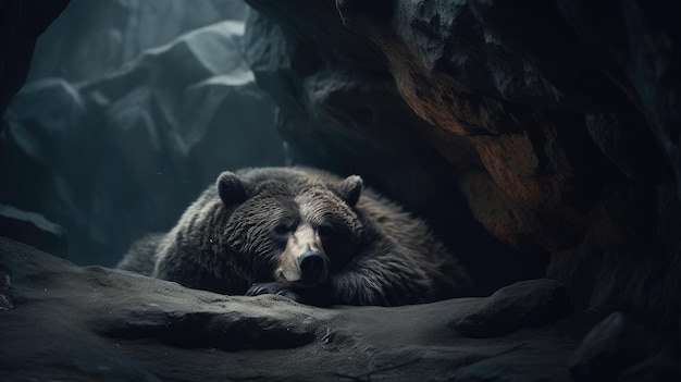Illustratie van een beer die in een grot in het bos overwintert