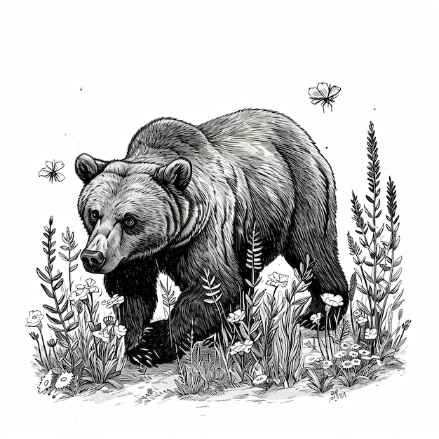 illustratie van een beer die tussen bloemen en gras staat
