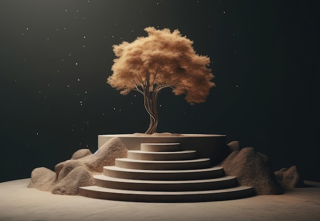 Illustratie van een beige getrapt rond podium met bonsai-klifdecor op een zwarte achtergrond met sterren Generatieve AI