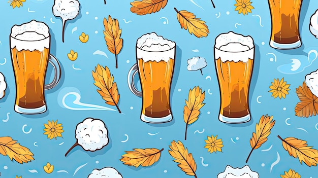 illustratie van een bierbeker met herfstbladeren op een blauwe achtergrond.