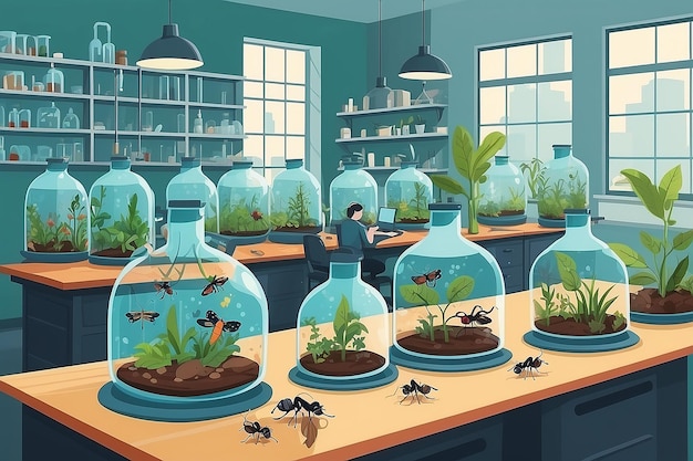 Illustratie van een biologie-laboratorium met studenten die de effecten van klimaatverandering op insectenpopulaties bestuderen