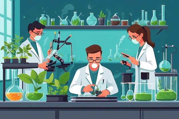 Illustratie van een biologie-laboratorium met studenten die experimenten uitvoeren over de impact van vervuiling op het plantenleven vector illustratie in vlakke stijl