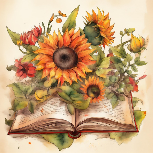 Illustratie van een boek met zonnebloemen die uit het boek komen