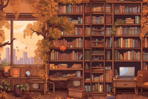 Illustratie van een boekenkast met boeken, een fauteuil en een tv