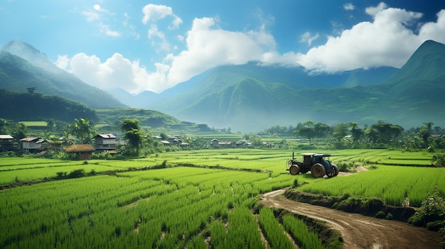 illustratie van een boer die het veld ploegt met een tractor op de achtergrond