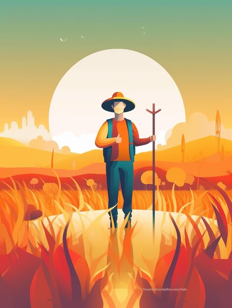 Illustratie van een boer die in het veld werkt