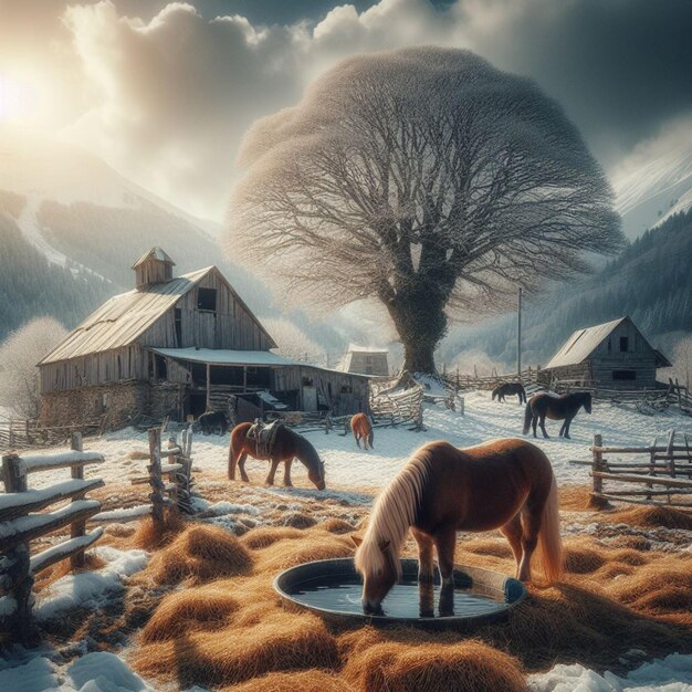 illustratie van een boerderij in de buurt van de bergen in de winter