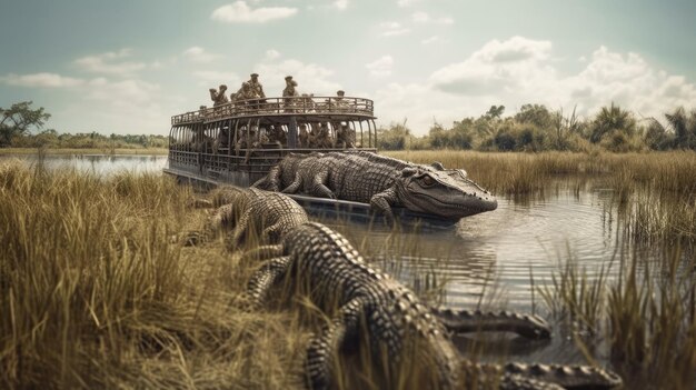 Illustratie van een boot die door een binnenmeer en riviergebied rijdt