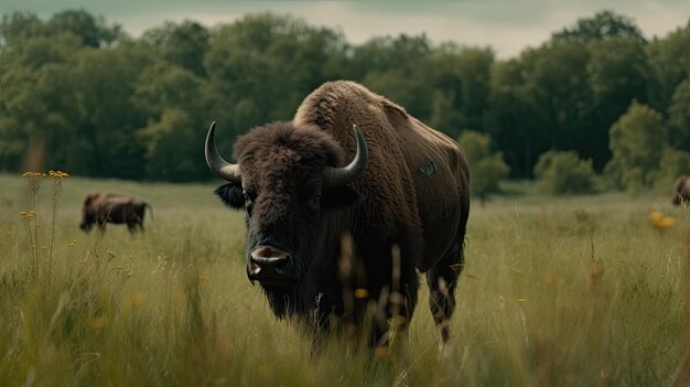 illustratie van een buffel die zich ontspant in de tuin