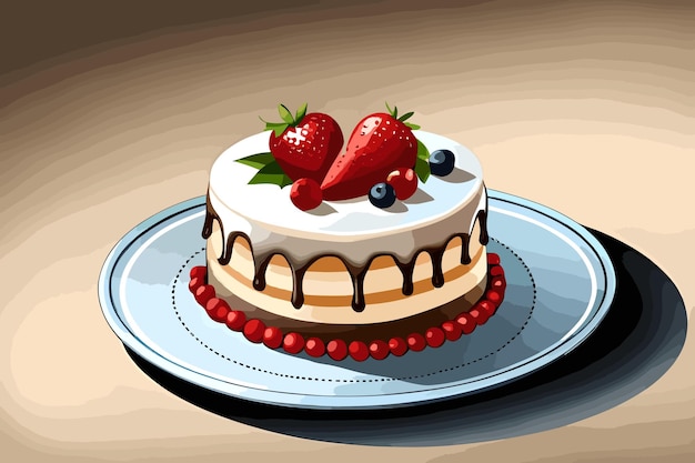 Illustratie van een cake met aardbeien en bosbessen op een bord vers gebakken bakkerijdessert