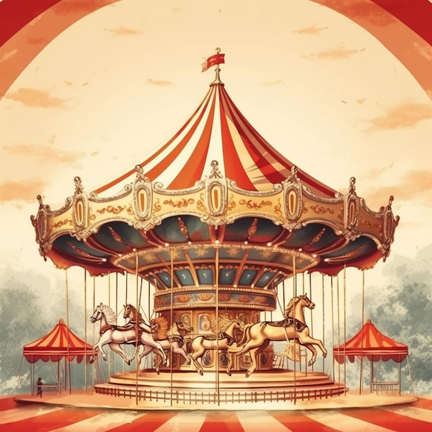 Illustratie van een carrousel met een rood-wit gestreepte omslag.