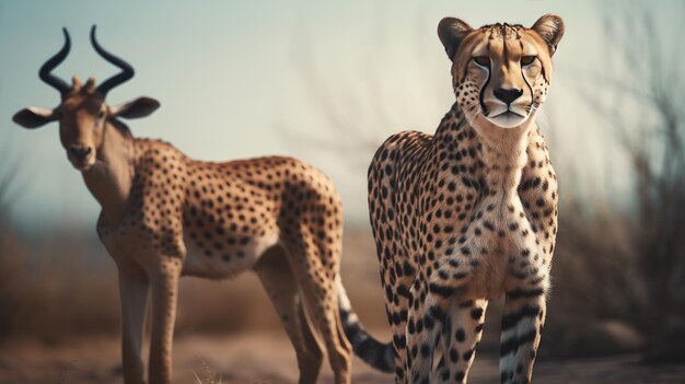 Illustratie van een cheetah die zijn prooi besluipt met zijn kudde dieren in het wild