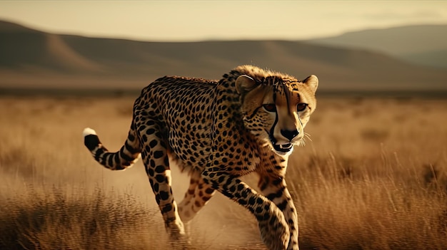 Illustratie van een cheetah die zijn prooi besluipt met zijn kudde dieren in het wild