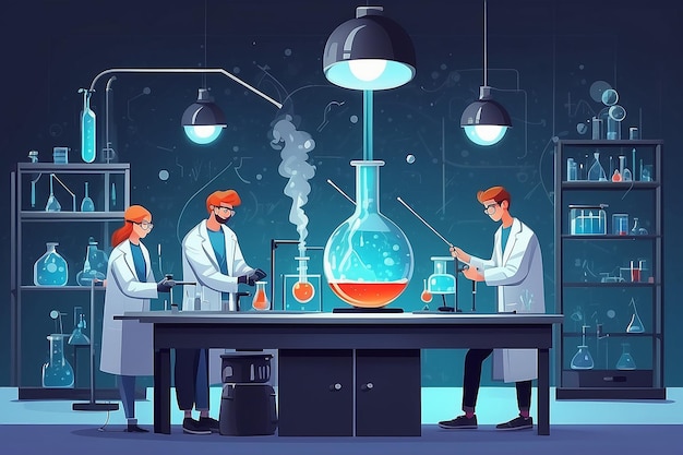 Illustratie van een chemie lab met studenten die experimenten uitvoeren over de eigenschappen van supergeleiders vector illustratie in platte stijl