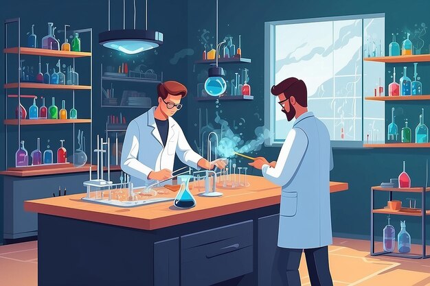 Illustratie van een chemie lab met studenten die experimenten uitvoeren over de eigenschappen van supergeleiders vector illustratie in platte stijl