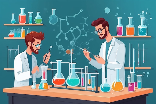 Illustratie van een chemielaboratorium met studenten die experimenten uitvoeren over de eigenschappen van nanomaterialen