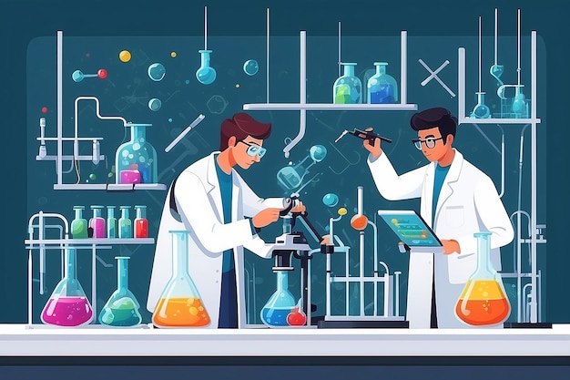 Illustratie van een chemielaboratorium met studenten die experimenten uitvoeren over de eigenschappen van nanomaterialen