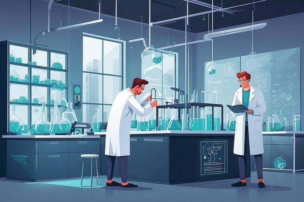 Illustratie van een chemielaboratorium met studenten die experimenten uitvoeren over de eigenschappen van nanomaterialen