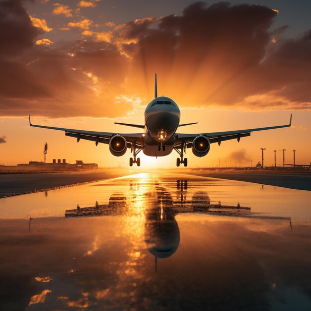 illustratie van een commercieel vliegtuig dat opstijgt tijdens zonsondergang