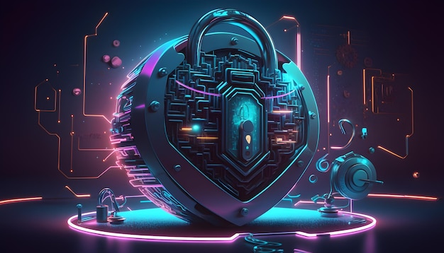 Foto illustratie van een cyberslot gloeiend neon met symbolen van technologie rond generatieve ai