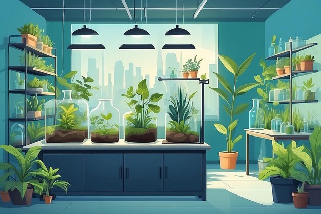 Illustratie van een deel van het laboratorium dat is gewijd aan milieustudies met planten en ecologische modellen vectorillustratie in vlakke stijl experimenten