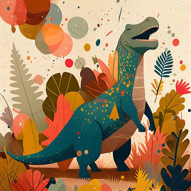 Illustratie van een dinosaurus in een veld van planten en bloemen generatieve ai