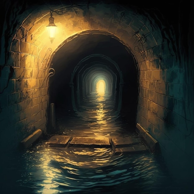 Illustratie van een donkere tunnel met water in beweging gegenereerd met Ai