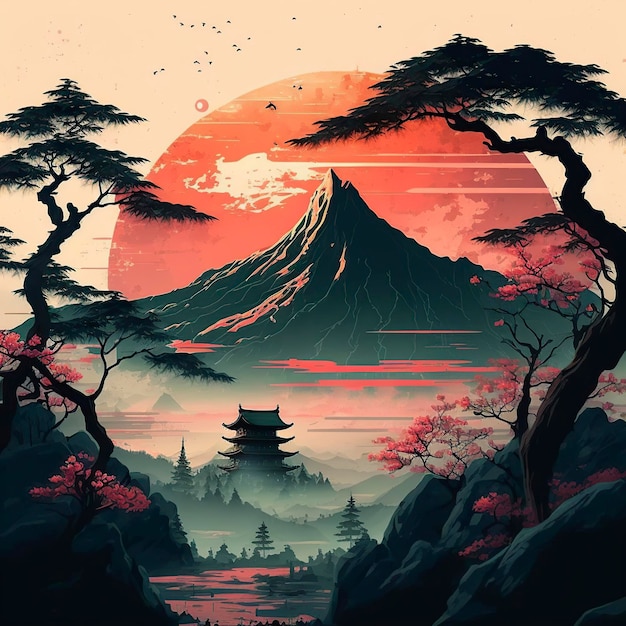 illustratie van een door AI gegenereerd beeld van een Japans landschap