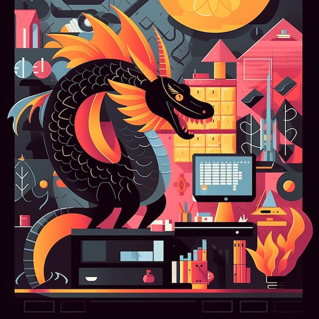 Illustratie van een draak met een computer op een bureau voor een volle maan generatieve ai