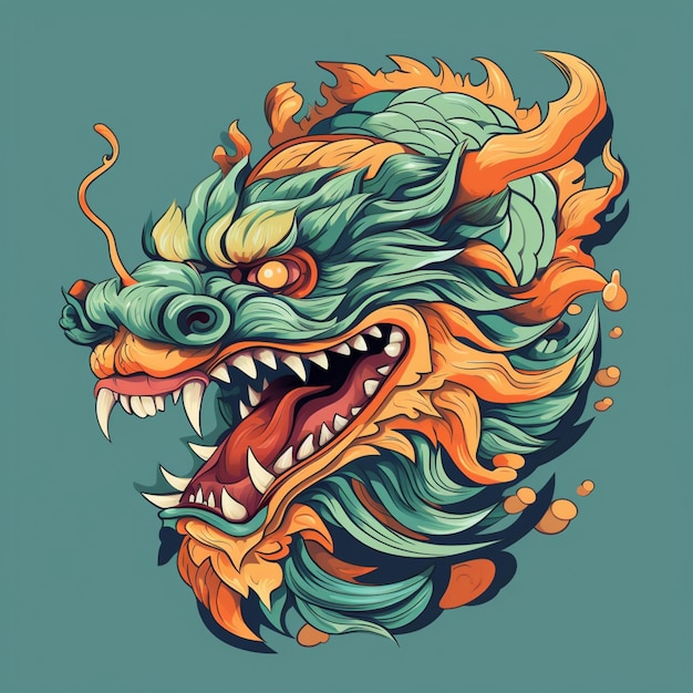 Illustratie van een drakenkop met een groene en oranje manen generatieve ai