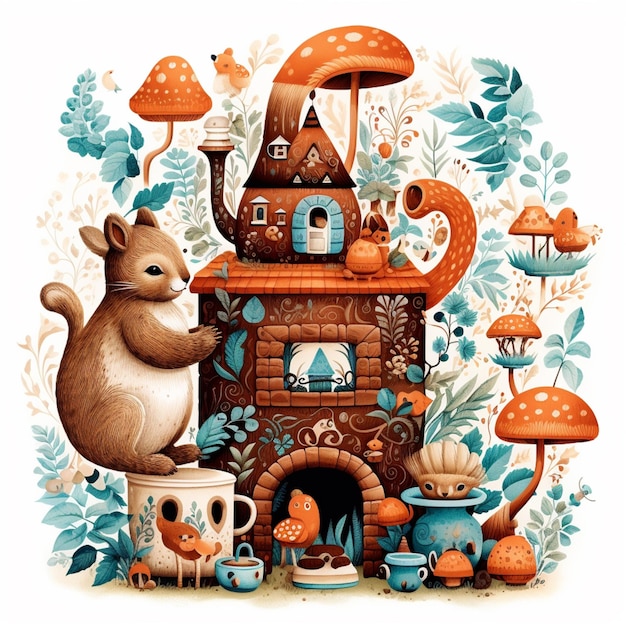 illustratie van een eekhoorn en een huis met paddenstoelen en paddenstoelen generatieve ai