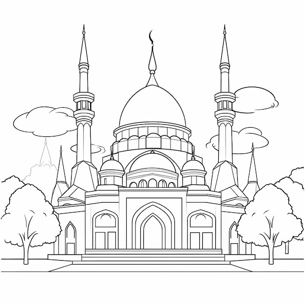 illustratie van een eenvoudig klein, eenvoudig moskeelandschap dat gemakkelijk in te kleuren is