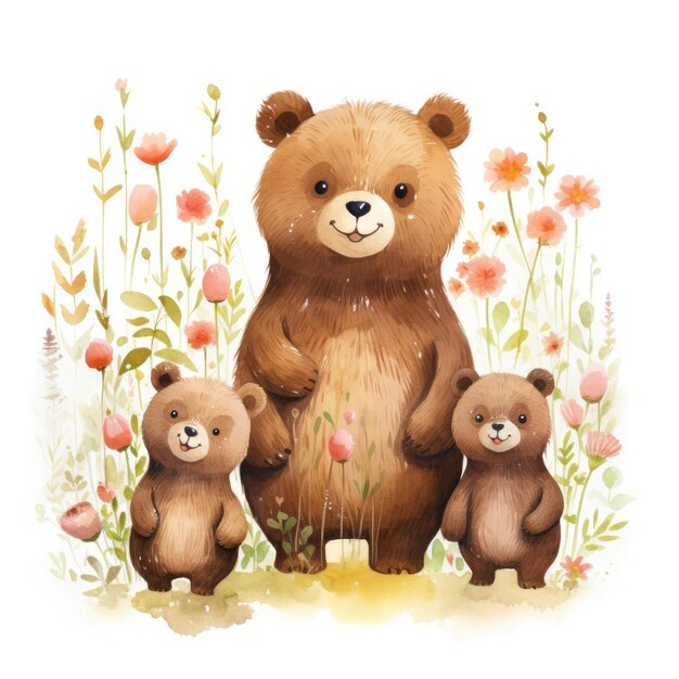 Illustratie van een familie beren met bloemen op een witte achtergrond