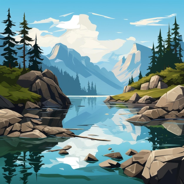 Illustratie van een fjord met reflecterend water, bomen en rotsen