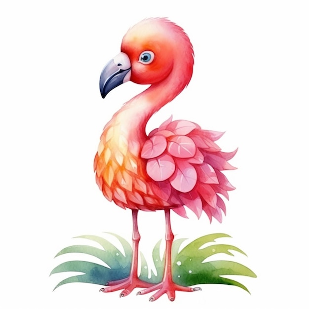 illustratie van een flamingo die op een groen gras staat met een witte achtergrond generatieve ai