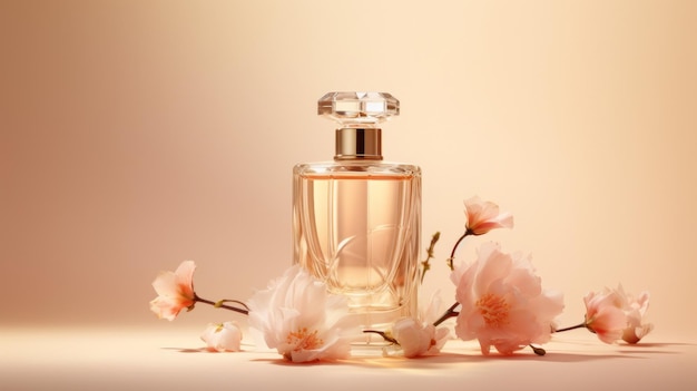 Illustratie van een fles parfum met bloemen op een beige achtergrond