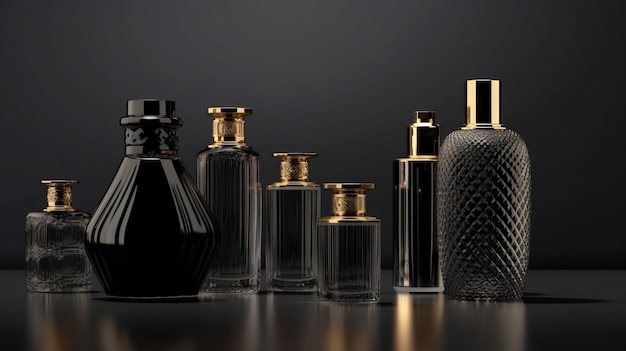 Illustratie van een fles parfum op zwarte achtergrond