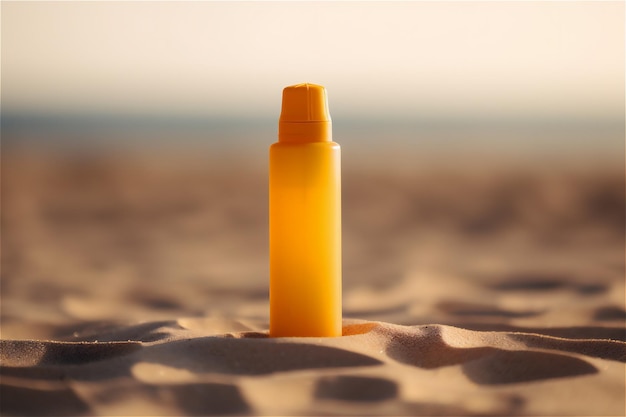 Illustratie van een fles zonnebrandcrème op een zandstrand gezondheid huidverzorging zonbescherming