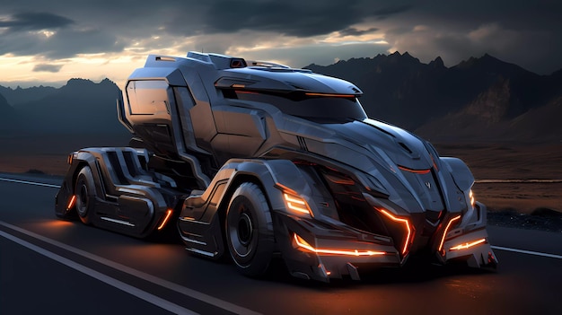 Illustratie van een futuristisch elektrisch vrachtwagenconcept op de snelweg
