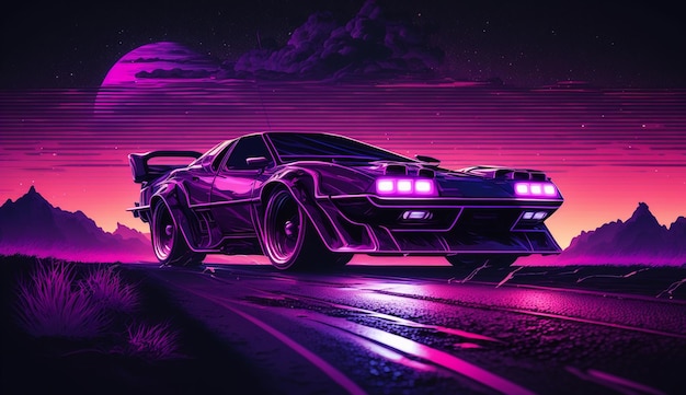 illustratie van een futuristische auto op een paarse achtergrond Generatieve AI illustrator