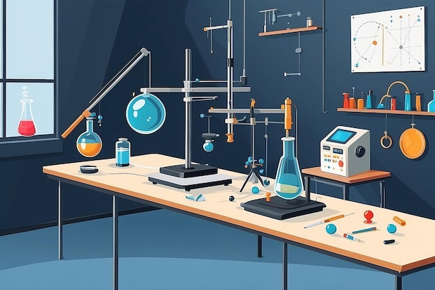 Illustratie van een fysica lab setup met slinger magneten en andere experimentele apparatuur vector illustratie in platte stijl experimenten