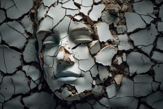 Foto illustratie van een gebroken kleihoofd in de gebarsten muur depressie emotionele angst isolatie