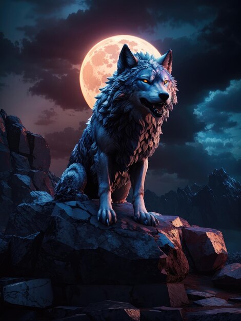 Illustratie van een gedetailleerde close-up van een majestueus wolfsstandbeeld