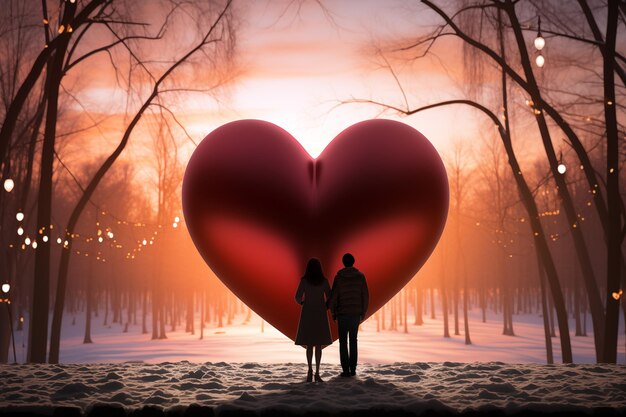 Foto illustratie van een gek verliefd stel dat op valentijnsdag naar elkaar kijkt met een hart op de achtergrond