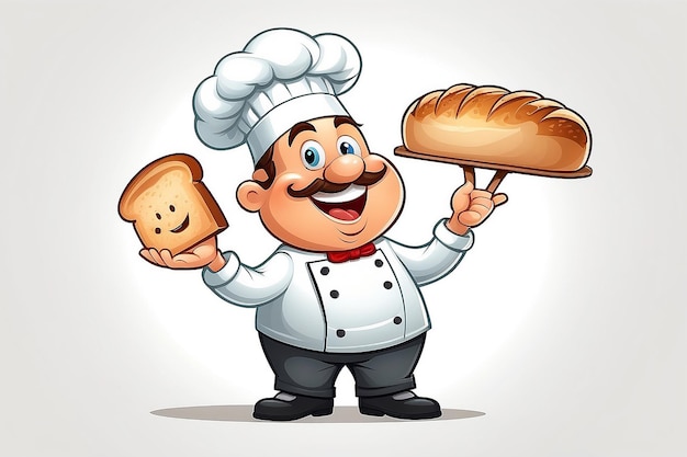 Illustratie van een gelukkige cartoonbakker op een knop met een hoed van een chef-kok en een brood