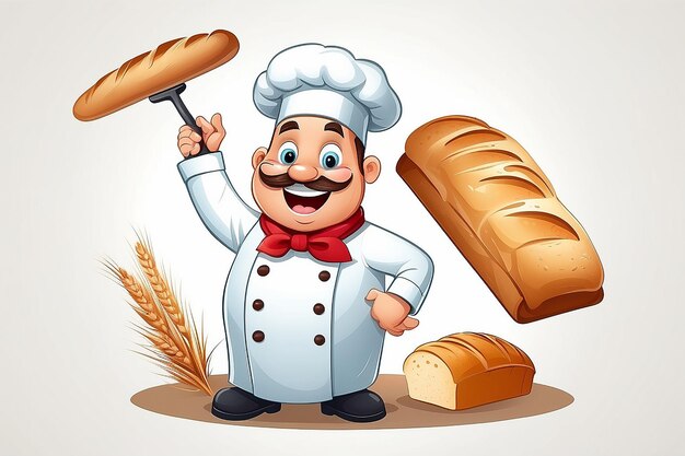 Illustratie van een gelukkige cartoonbakker op een knop met een hoed van een chef-kok en een brood